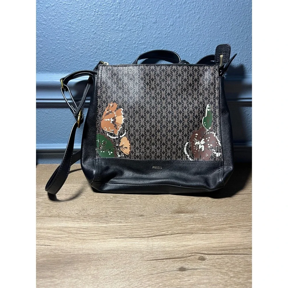 Fossil Convertible Floral Monogram Print Leather Backpack Satchel Purse‎ Bag